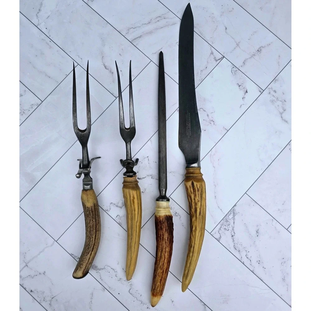 Antique Geo Wostenholm & Sons IXL Sheffield Stag Horn Handle 4pc Carving Set